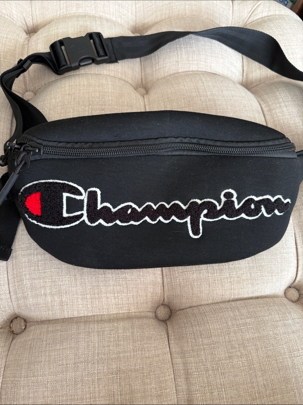 Champion Black Waist Bag with White Script and Red Accent